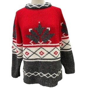 Vintage Susann D Oversized Acrylic Wool Nordic Print Sweater Red Grey Cream SZ M